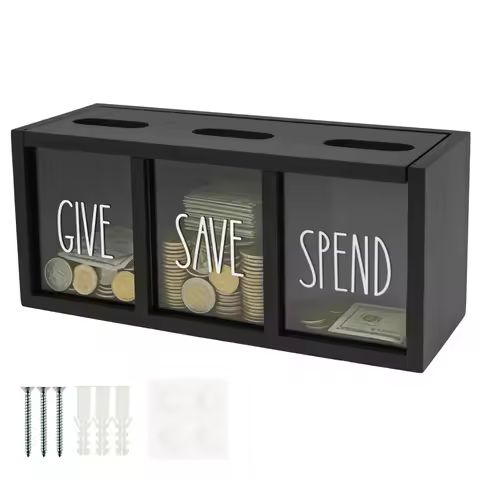 3 Grids Wall-mounted Save Spend Bank Visualized Money Saving Box Wooden Piggy Bank Give Save Spend M