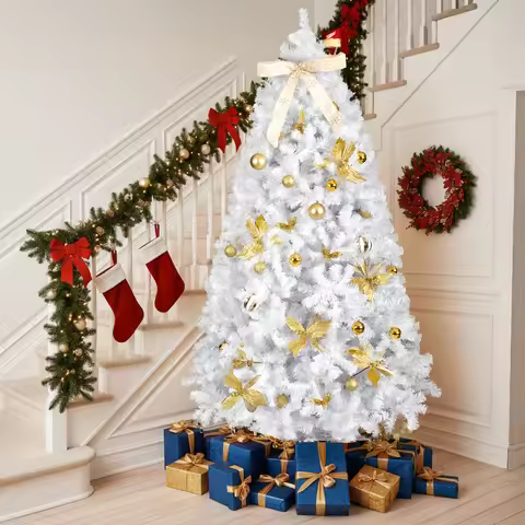 7.5FT White Pre‑lit Artificial Christmas Tree, Hinged Xmas Tree with 400 Warm White LED Lights Remot