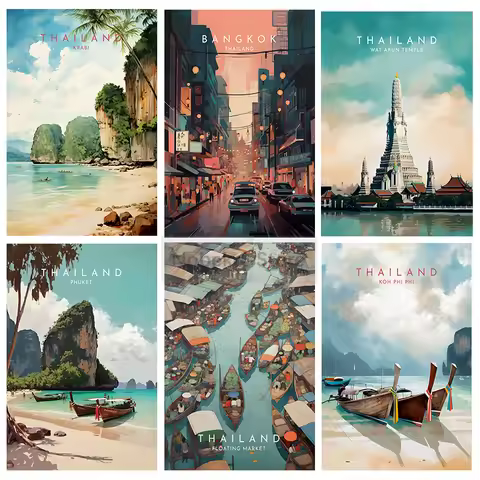 Asia Thailand Travel Poster Bangkok Wat Arun Koh Phi Phi Watercolor Prints Canvas Painting Wall Art 