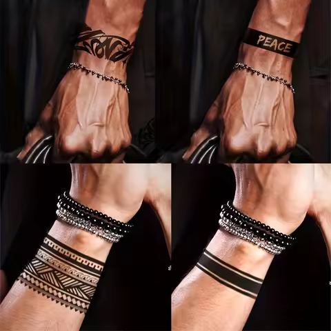 2pcs Arm Ring Tattoo - Dark Viking Symbol Pattern, Geometric Rectangle Design, Long-Lasting 3-7 Days