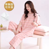 Summer 2025 New Women's Pajama Set with Round Neck, Three-Quarter Pants, Chest Pads, Sweet Short-Sle