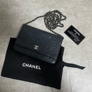正品 Chanel woc黑銀山茶花壓紋