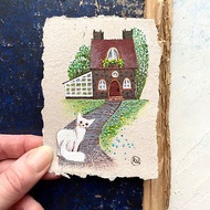 White cat painting Tiny Original art Mini artwork on recycled paper by Rubinova