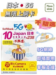 日本 真•無限上網【10日全程 5G不限速】雙網絡 Softbank+KDDI 極高速 無限數據卡 上網卡 電話卡 旅行電話咭 Data Sim咭