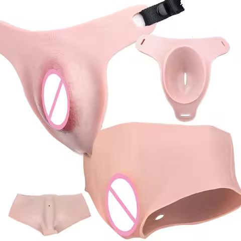 FAAK Silicone Insertable Vagina Panties Strapon Vagina Pad Cock Cage Nude Thongs Men's Hiding Gaff f