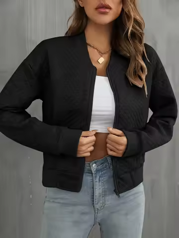 Women's Black Quilted Cropped Bomber Jacket - Fall Winter New Arrival Casual Daily Outerwear