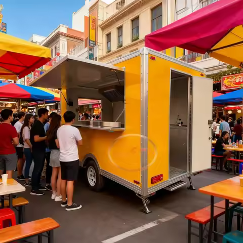 Yellow Mobile Food Truck Window with External Awning Concise AppearDesign for Food Stall Or Catering