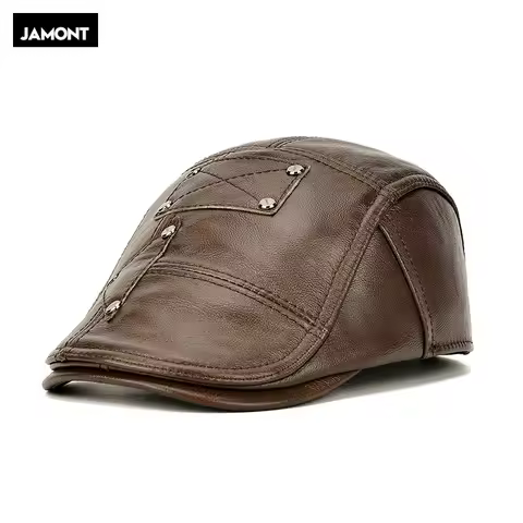 JAMONT 2020 Flat Caps Men Real Cowhide Leather Hats Berets Earflaps Black Casual Directors Cap Male 