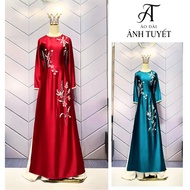 Grandma's ao dai, high-quality round neck long-sleeved silk ao dai, size S - 4XL