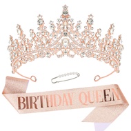 CURASA Birthday Sash and Crown for Women Rose Gold Birthday Queen sash Birthday Tiara for Little Gir