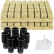 Kocoo 100 Set Rockwool Grow Cubes with Net Pots Including 100 Packs 2 Inches Plastic Net Pots 100 Packs Rock Wool Planting Cubes and 100 Packs Plant T-Type Tags for Hydroponics Garden Tower Supplies
