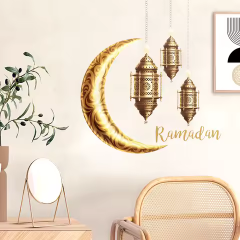 Ramadan Decoration Wall Stickers Eid Mubarak Lantern Moon Star Wall Stickers For Eid Home Wall Decal