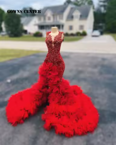 Luxury Red Tulle Ruch Slit Rhinestone Prom Dress Mermaid Party Dresses Party Wedding Evening Black G