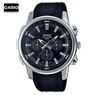 Velashop นาฬิกาข้อมือผู้ชายคาสิโอ Casio Standard Men Chronograph สายยางสีดำ หน้าปัดดำ รุ่น MTP-E505-1AV, MTP-E505-1A, MTP-E505