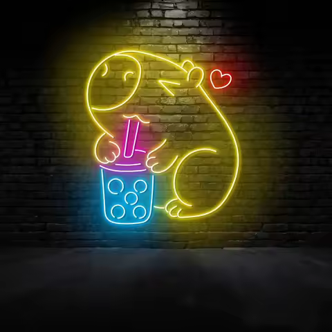 Capybara Drinking Boba Tea Neon Sign Capybara Milk Tea Sign Bubble Tea Neon Drink Store Wall Art Dec