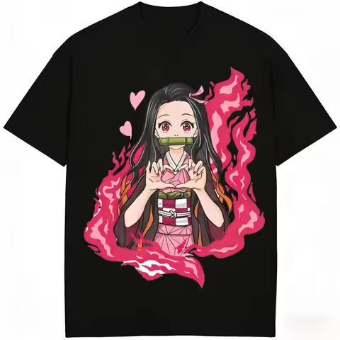 Demon Slayer Nezuko Kamado Anime T-Shirt, Cute Nezuko Heart Hands Print Tee, Kimetsu No Yaiba Graphi