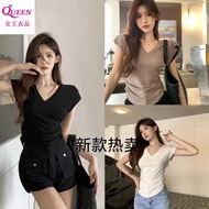 t恤女韓版百搭 ins v領 上衣 女 tshirt 顯瘦  v领短袖T恤女装夏季新款修身显瘦学生纯色上衣潮V-neck Short-Sleeved T-Shirt Women's Summer Ne