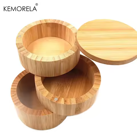 Bamboo Salt Box Round Bamboo Jar Salt and Spices Storage Container Spice Container Seasoning Jar 3-T