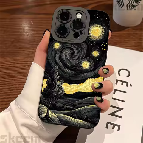 Van Gogh's The Starry Night Cat Print Phone Case For iPhone 16 15 14 13 12 11 Pro Max XS X XR 7 8 Pl