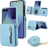 XIZYO Leather Wallet Flip Case for Samsung Galaxy Z Flip 7 with Crossbody Shoulder Cord, Zip Pocket,