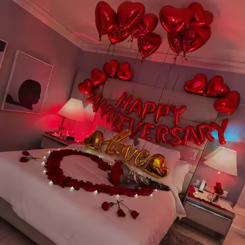 Happy Anniversary Decoration, Red Heart Balloon, Happy Anniversary Banner, Rose Petals, Wedding, Val