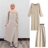 Muslimah Sets Cotton Linen Midi Dress + Palazo Loose Pants Set Retro Casual Long Sleeves Jubah Set Women Plus Size Pocket Abaya Dresses Premium