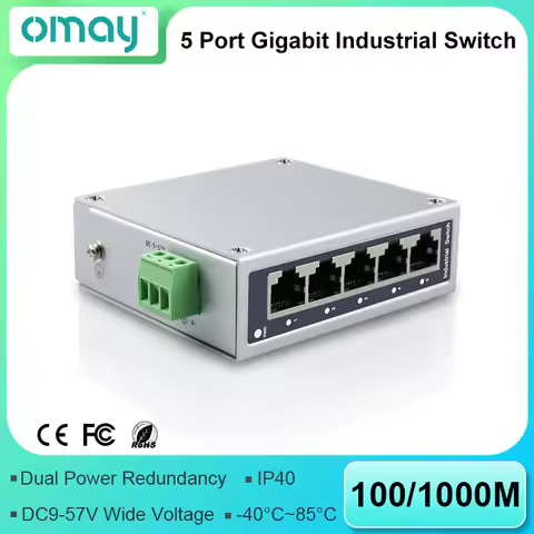5 Port Gigabit Industrial Ethernet Switch Unmanaged 10/100/1000Mbps DIN Rail 9-57V Wide Voltage Fanl