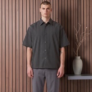 KEMEJA Men's Oversized Boxy Short Sleeve Striped Shirt, Premium Semi-Wool Material, Black, Brown, Wh