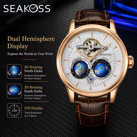 SEAKOSS 47mm Men Automatic Mechanical Watches Double Earth World Time Sapphire Glass 3D Rotate North