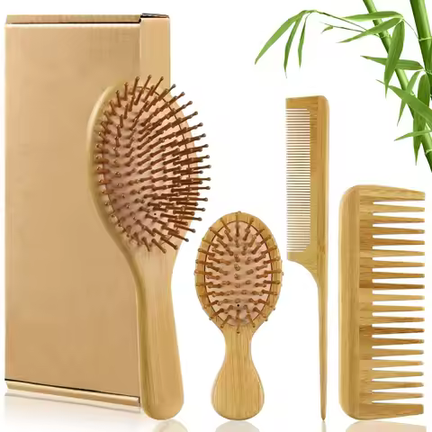 Bamboo Hair Brush Comb Set for Women Men,Wood Wide-tooth brush and tail comb - Paddle Detangling Bru