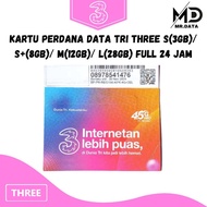 Kartu Perdana Data Tri Three S(3GB)/ S+(8GB)/ M(12GB)/L(28GB) Full 24J