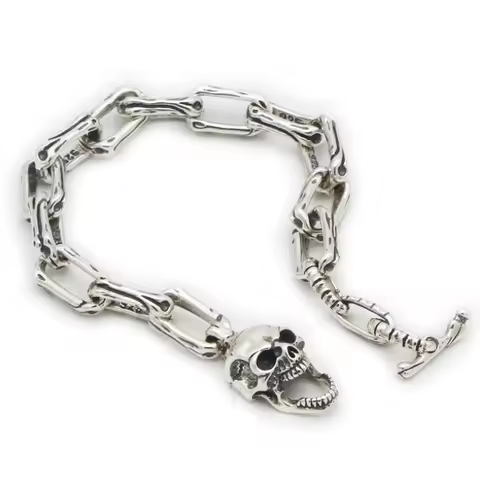 Pure Silver Sterling 925 Silver Fashion Jewelry Retro Thai Silver men's Skull Buckle S925 Bracelet (