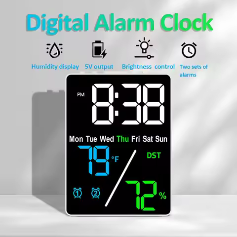 Multifunctional Large Screen Digital Alarm Clock Humidity Display Brightness Adjustment Charging Des