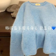 Healing Korean Blue Alpaca Mohair Sweater - Soft Waxy Winter Top for Women