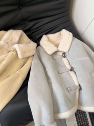 Áo Khoác Da Lông Cừu Ngắn Mùa Thu Đông Cho Nữ Có Lót Lông Cừu Nút Hình Con Bò Áo Khoác Ngắn Áo Khoác