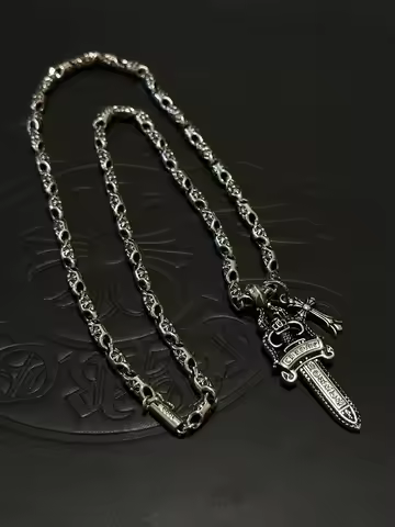 S925 Sterling Silver Old Retro Sword Pendant Necklace Couple Light Luxury Punk CH Banquet Jewelry