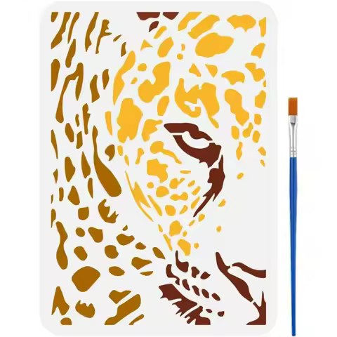 Peep Leopard Stencil with a Paint Brush 11.7x8.3Inch Abstract Leopard PET Themes for Painting on Woo