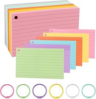 TECDW Ruled Colour Index Cards, 300PCS 3" x 5" Punched Flash Cards with 6 Binder Rings, Lined Blank 