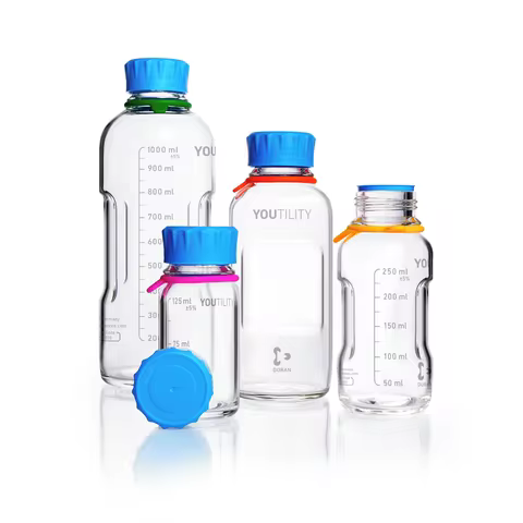 DURAN® YOUTILITY® GL 45 Laboratory Bottle (clear), with screw cap and pouring ring (PP, cyan), with 