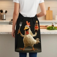 Black Funny Rooster Print Cooking Bib, Novelty Kitchen Apron for Baking, BBQ & Gardening