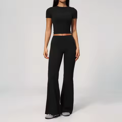 Creamy 2 Pieces Workout Suit Women Yoga Outfits Short Sleeve O Neck Slim Sports T Shirts High Waist