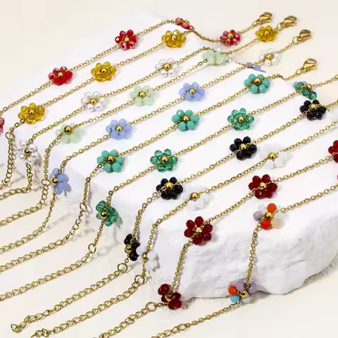 1 Piece 304 Stainless Steel Handmade Link Chain Bracelets Colorful Glass String Beads Flower 18K Gol