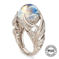 Hipster Ring S925 Silver Fashion Angel Wings Full Diamond Inlaid Moonstone