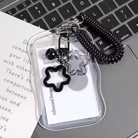 Photocard Holder Keychain 8.5cm×11cm, Cute Photo Card Holder with Star Bell Pendant Spring Rope Tran