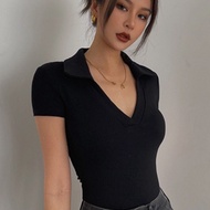 CHECKOUT. Premium Cotton Deep V-Neck Skinny Crop T-Shirt 7143