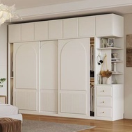 Creamy Style Solid Wood Wardrobe Simple Sliding Door Wardrobe Wardrobe With Drawers 1/2/3/4/5 Doors 