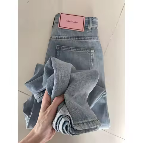 Women Jeans Lady Straight-leg Pants Light-colored Pocket High-waist Jeans Girl Student Loose Straigh