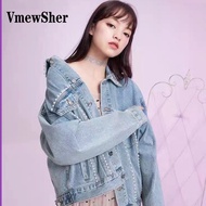 VmewSher New Spring Autumn Chic Beading Denim Jacket Women Long Sleeve Casual Loose Jean Single Brea