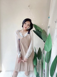 淺膚燈芯絨口袋拼字戀日時光 古董古著洋裝連身吊帶裙 vintage