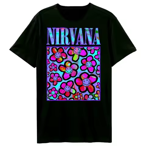 Nirvana Neon Flowers T-Shirt Men's and Women's Short Sleeve American Retro Metal Band Tops Brand T-s